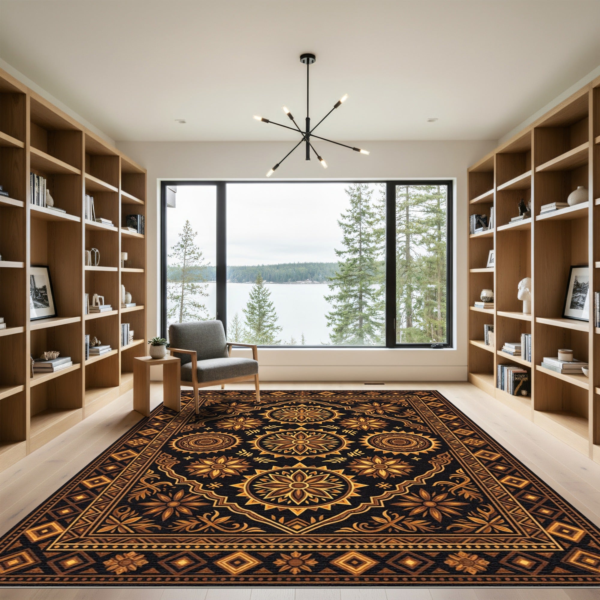 Golden Mandala Floral Geometric Dark Onyx Rug