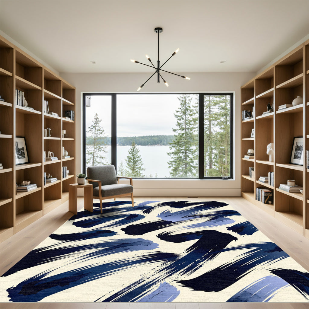 Deep Blue Ink Brush Strokes Rug