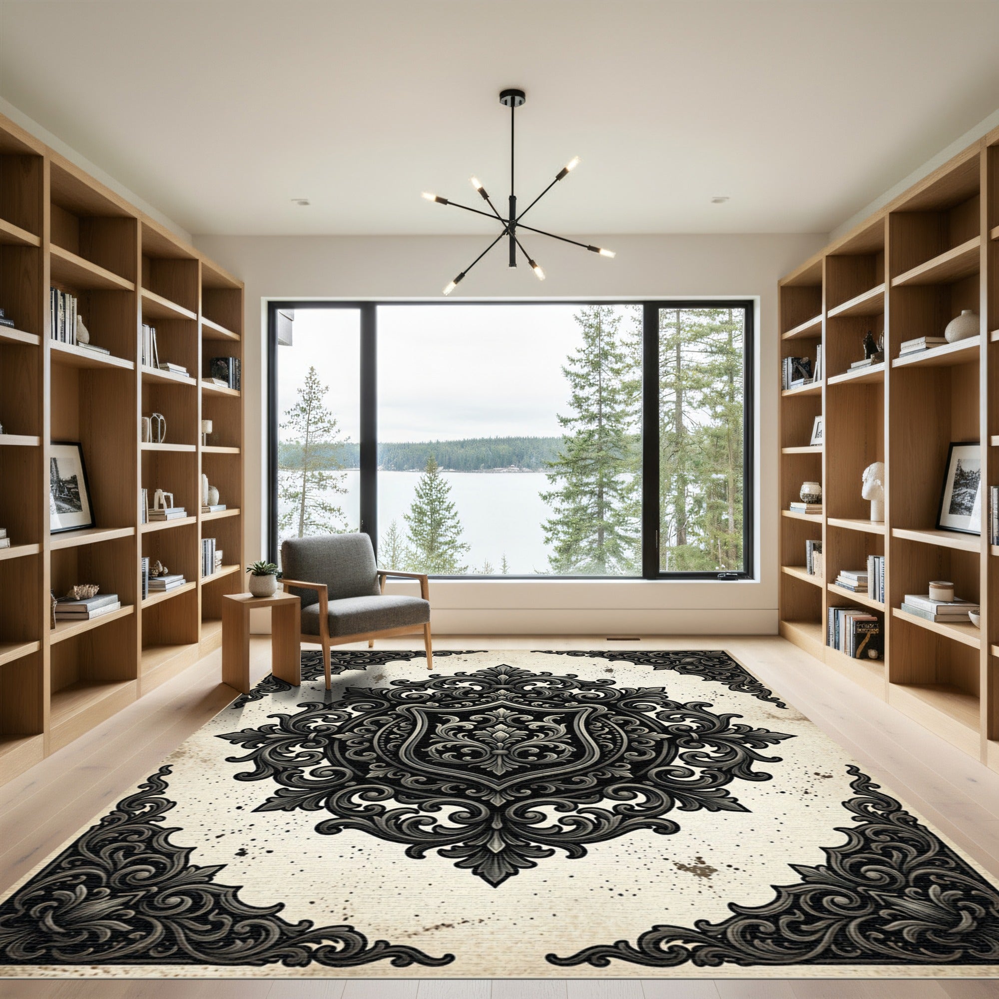 Ornate Black Damask Victorian Emblem Rug