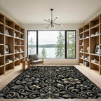 Ornate Black Floral Damask Rug