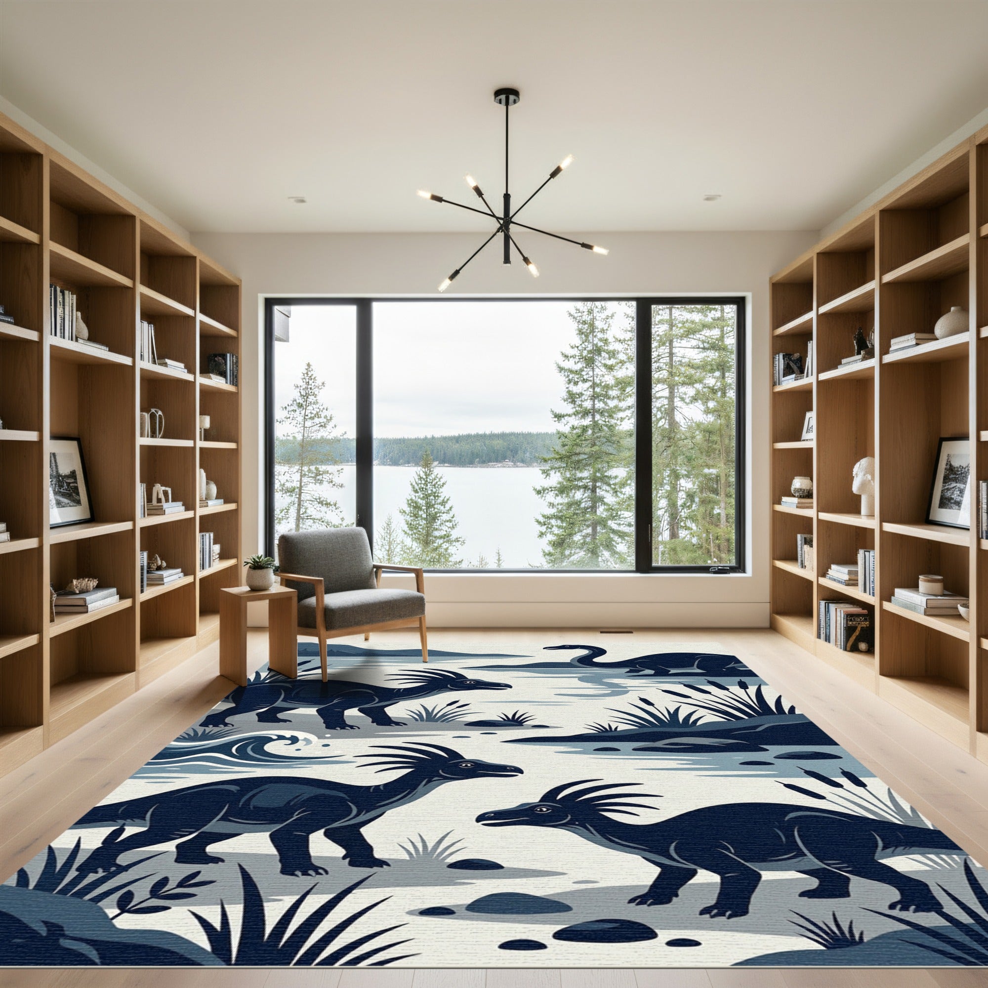 Minimalist Navy Dinosaur Landscape Scene Rug