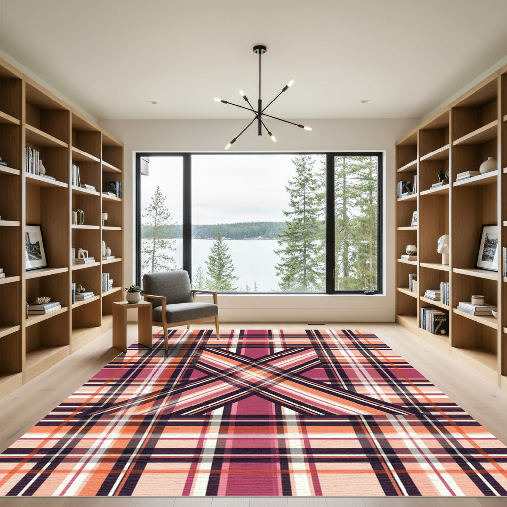 Abstract Peach and Magenta Plaid Rug