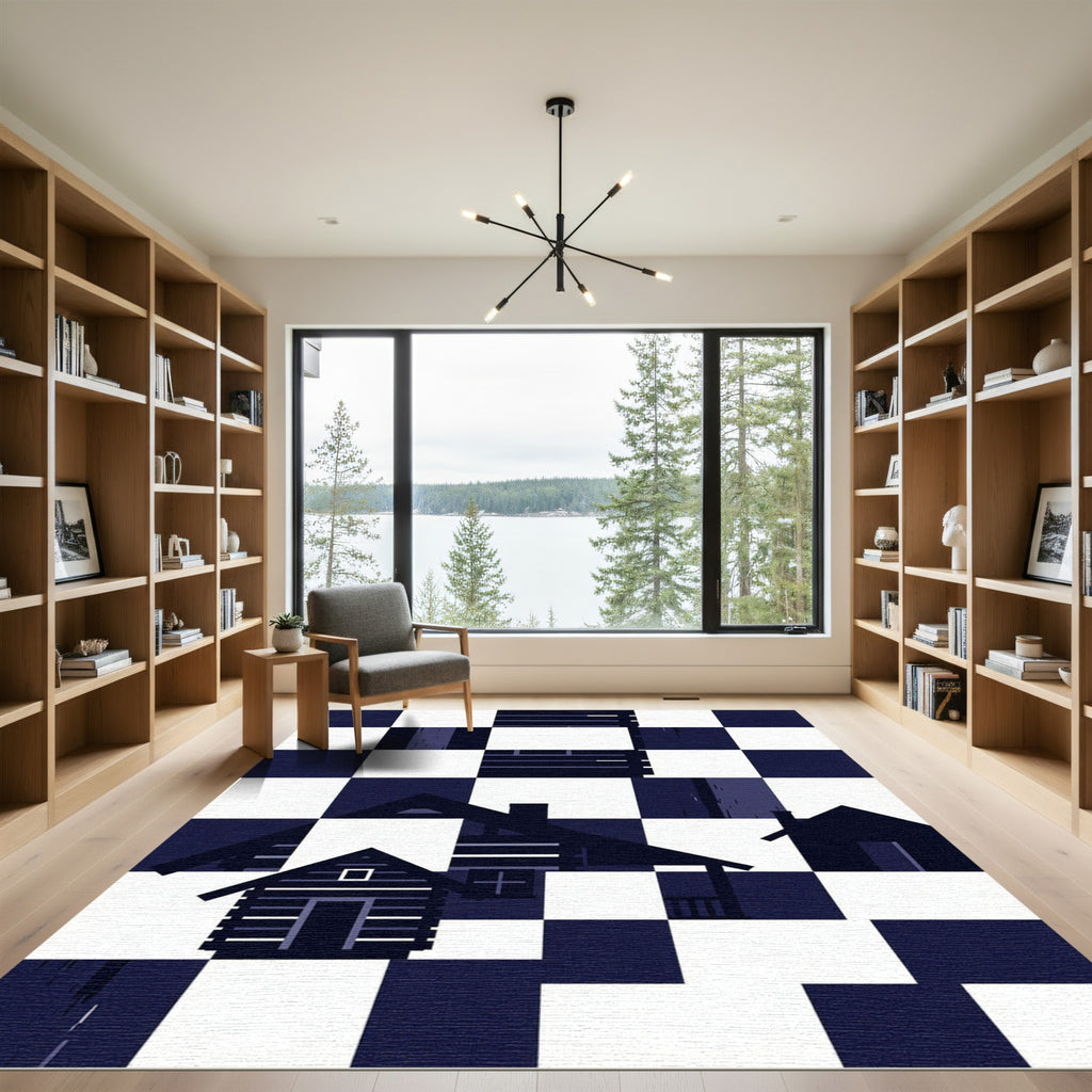 Dark Blue Checkerboard Cabin Silhouette Rug
