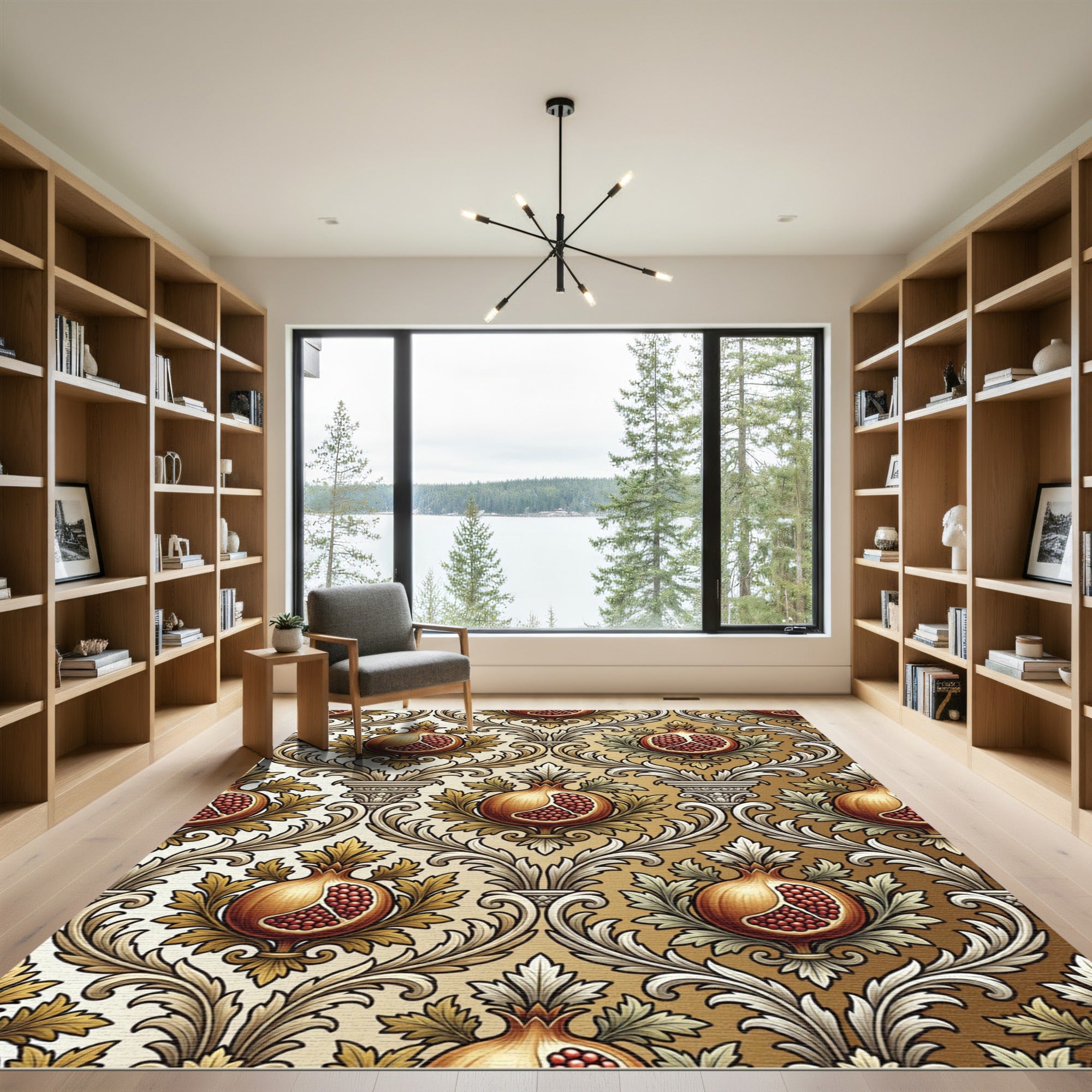 Rustic Golden Pomegranate Floral Damask Rug