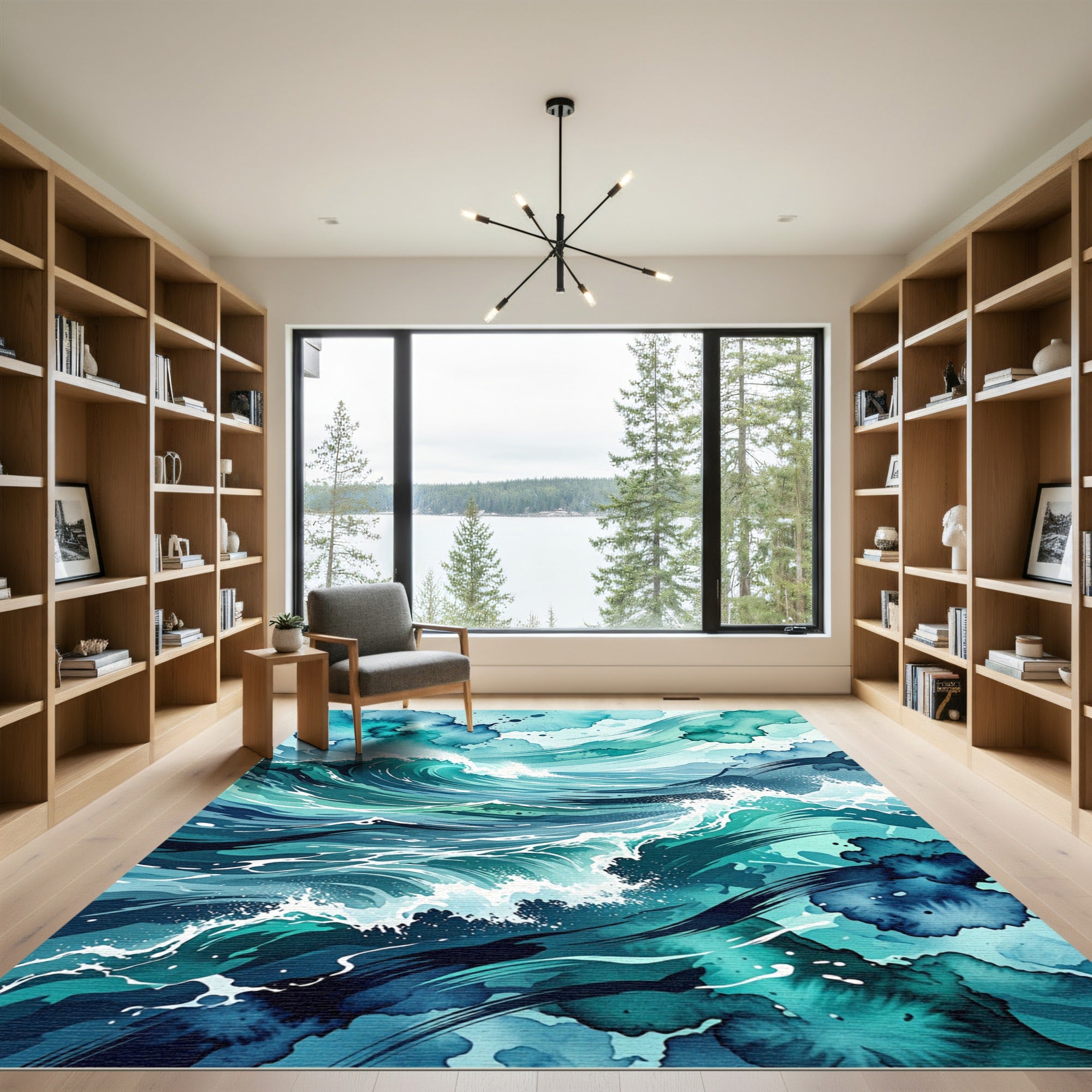 Abstract Teal Ocean Wave Tides Rug