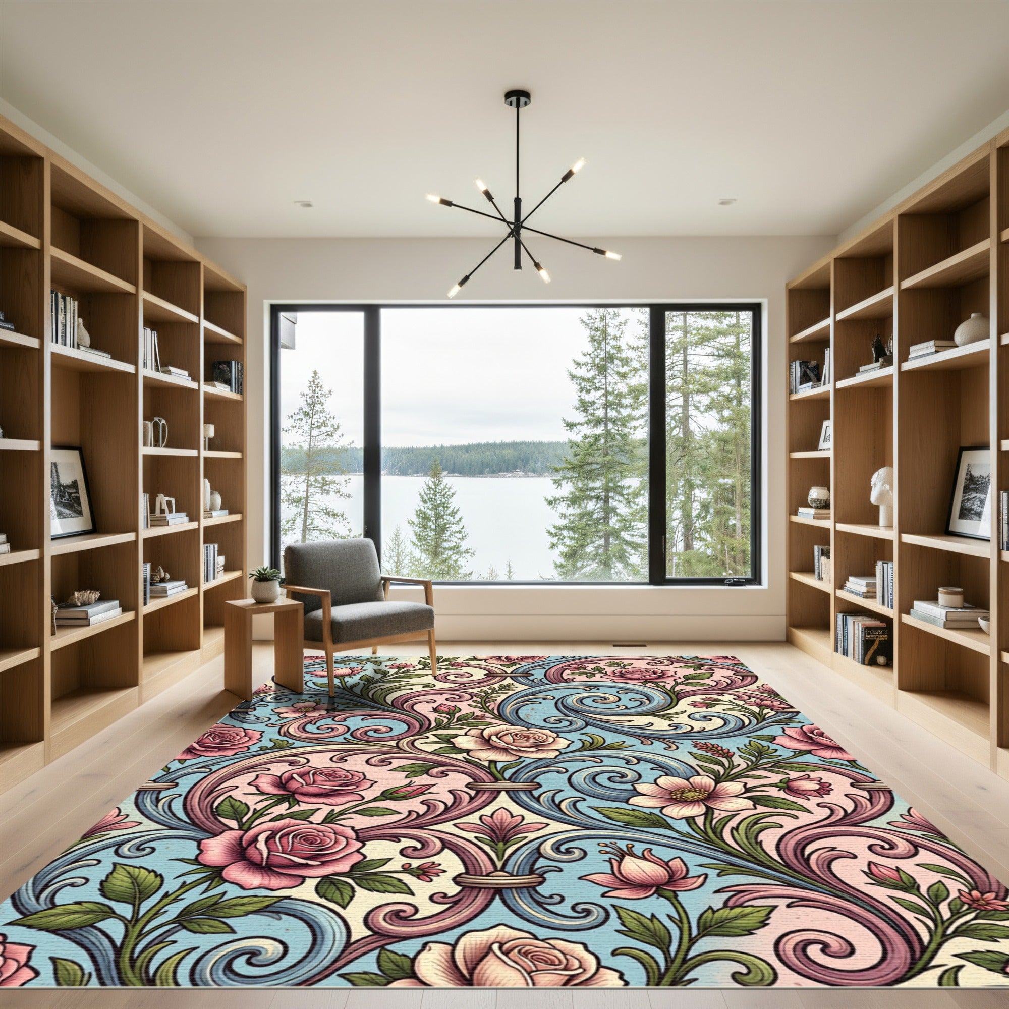 Elegant Pastel Rose Floral Scrollwork Rug