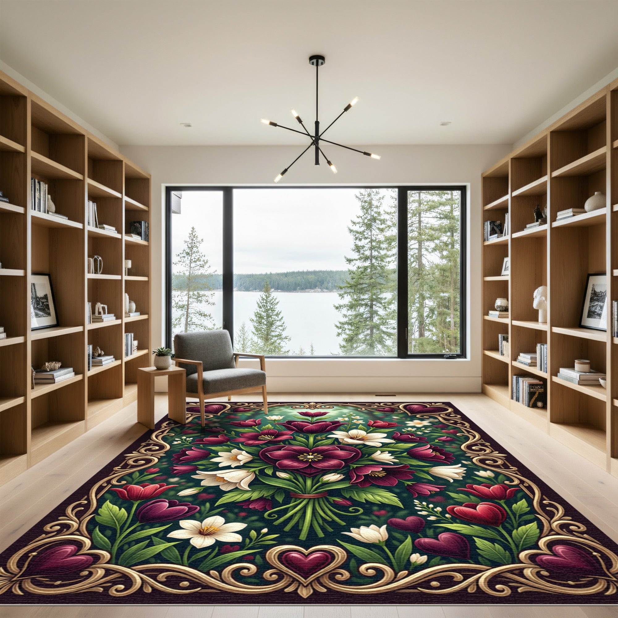 Deep Burgundy Floral Heart Garden Rug