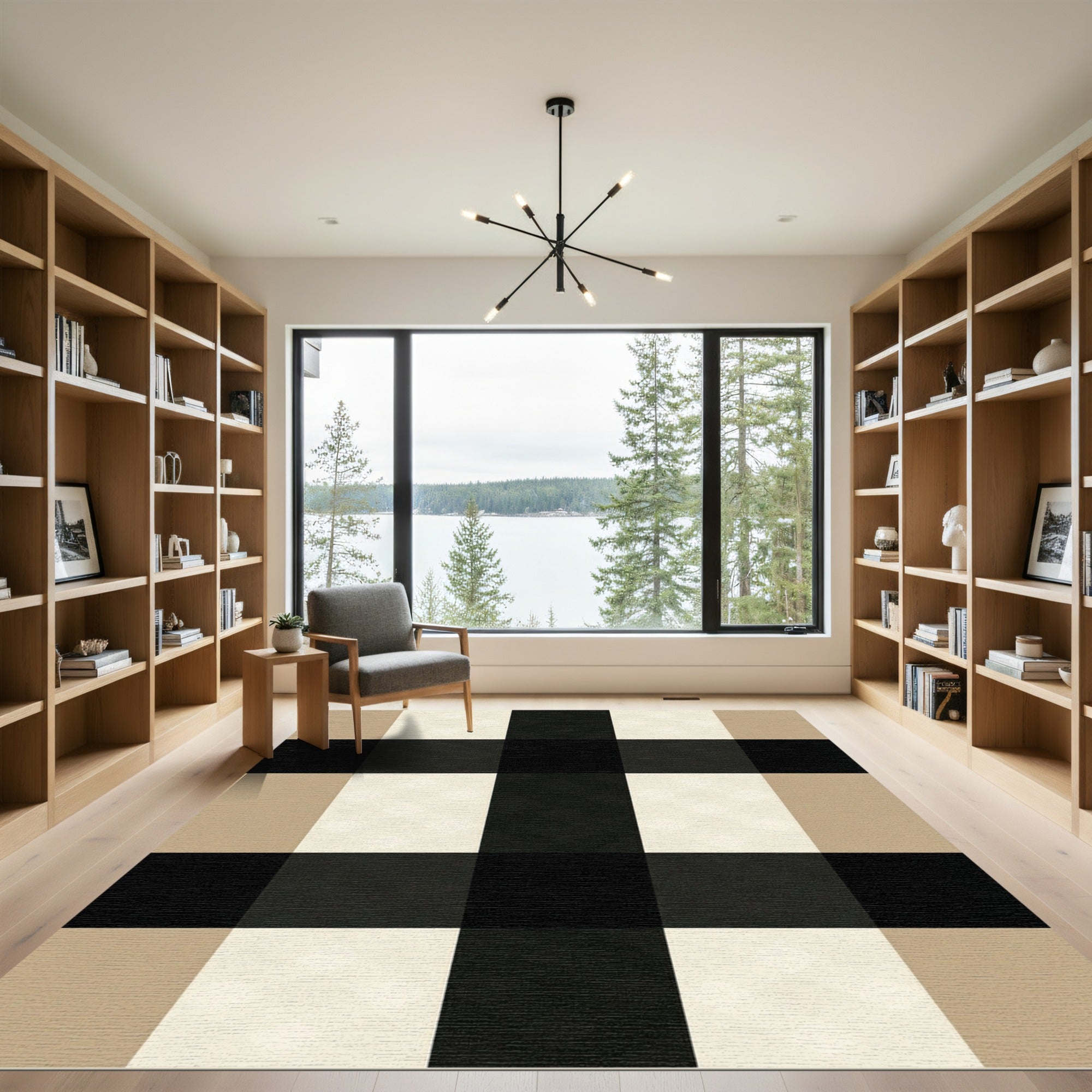 Classic Black Beige Gingham Check Rug