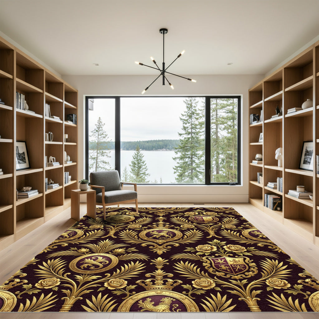 Royal Gold Crest Damask Rose Tapestry Rug