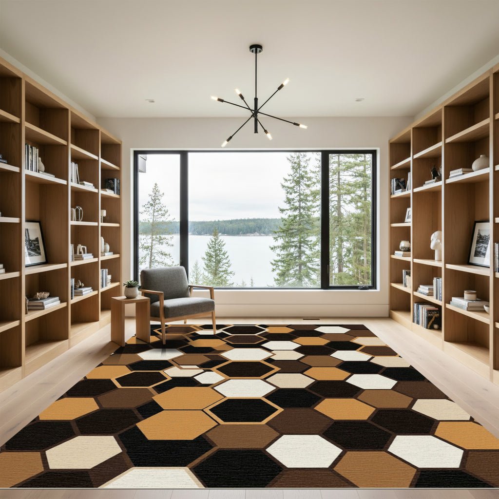 Rich Brown Hexagonal Layered Geometry Rug