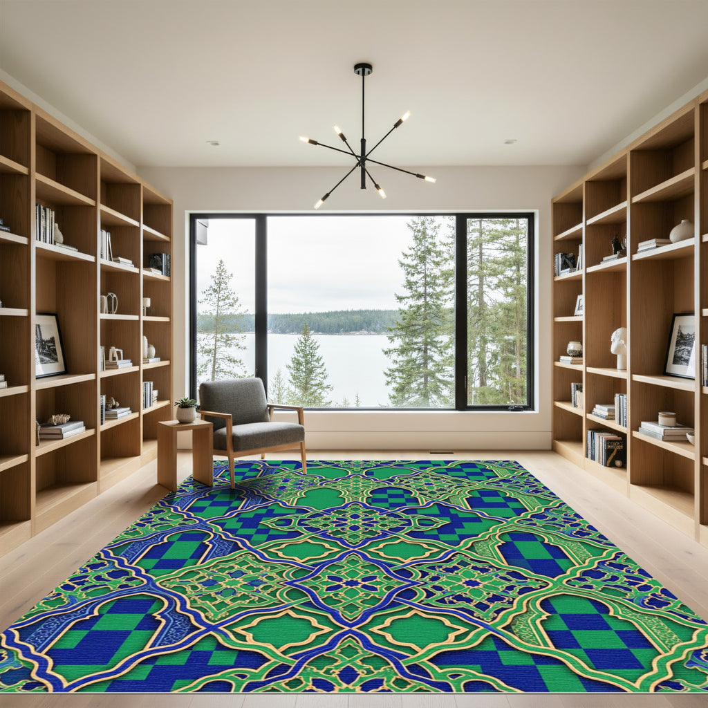 Ornate Blue and Green Geometric Trellis Rug