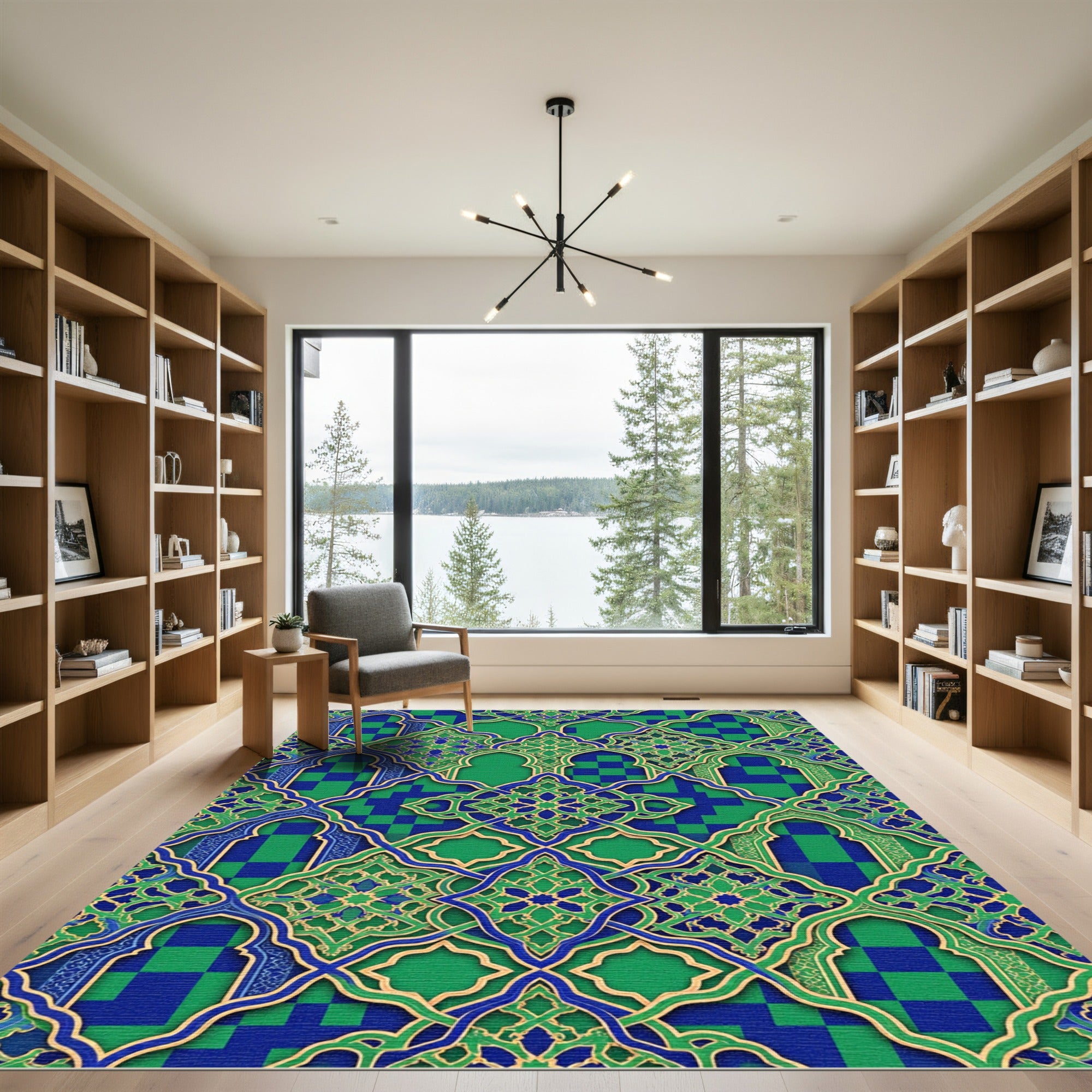 Ornate Blue and Green Geometric Trellis Rug