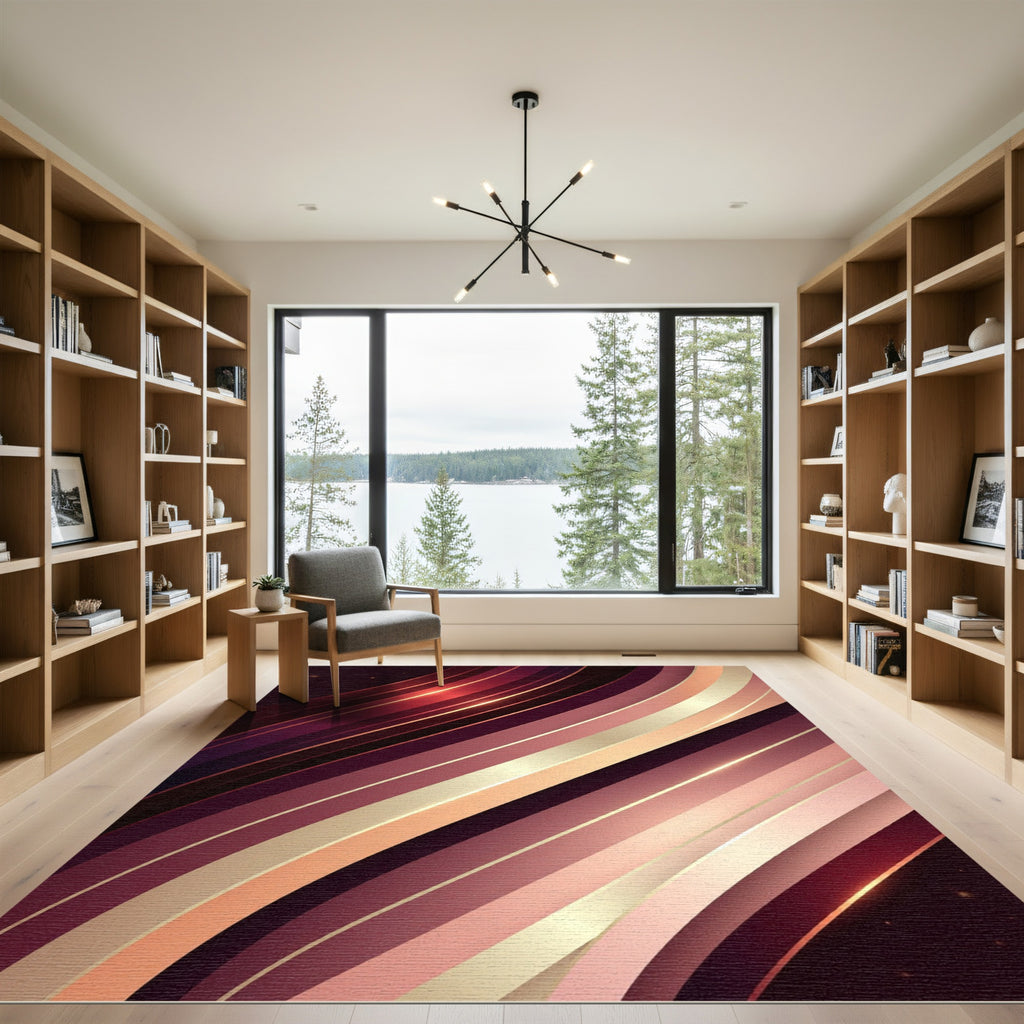 Crimson Gold Abstract Swoosh Rug
