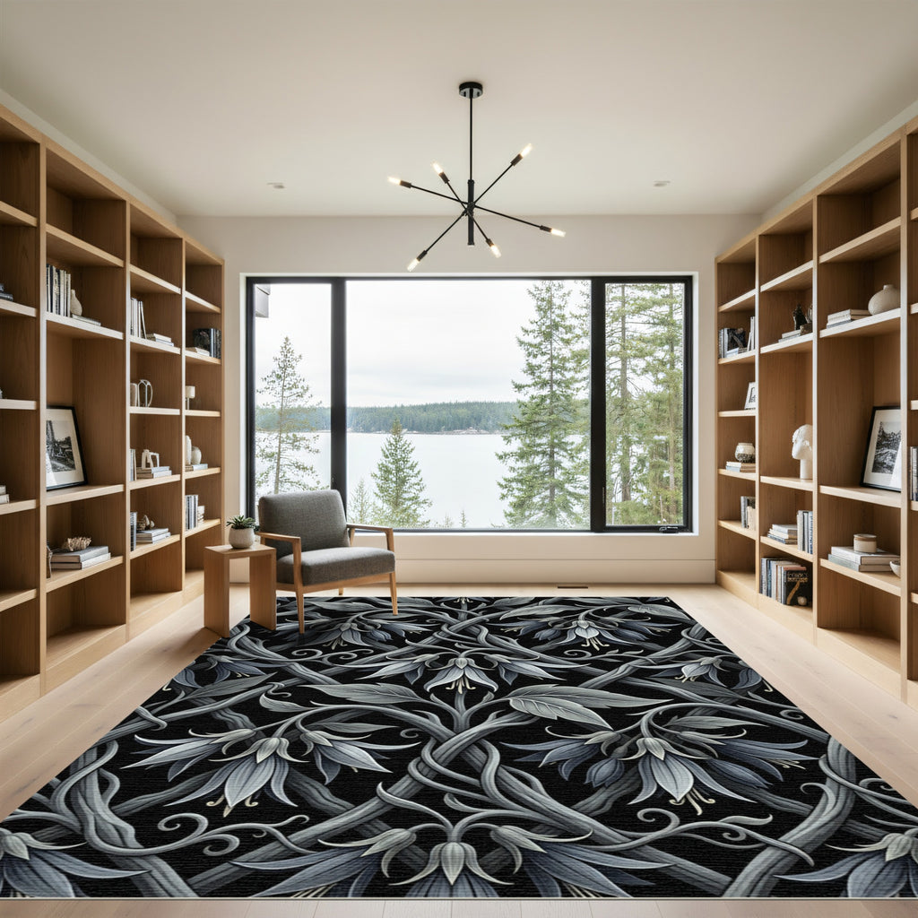 Gothic Monochrome Bellflower Trellis Scroll Rug