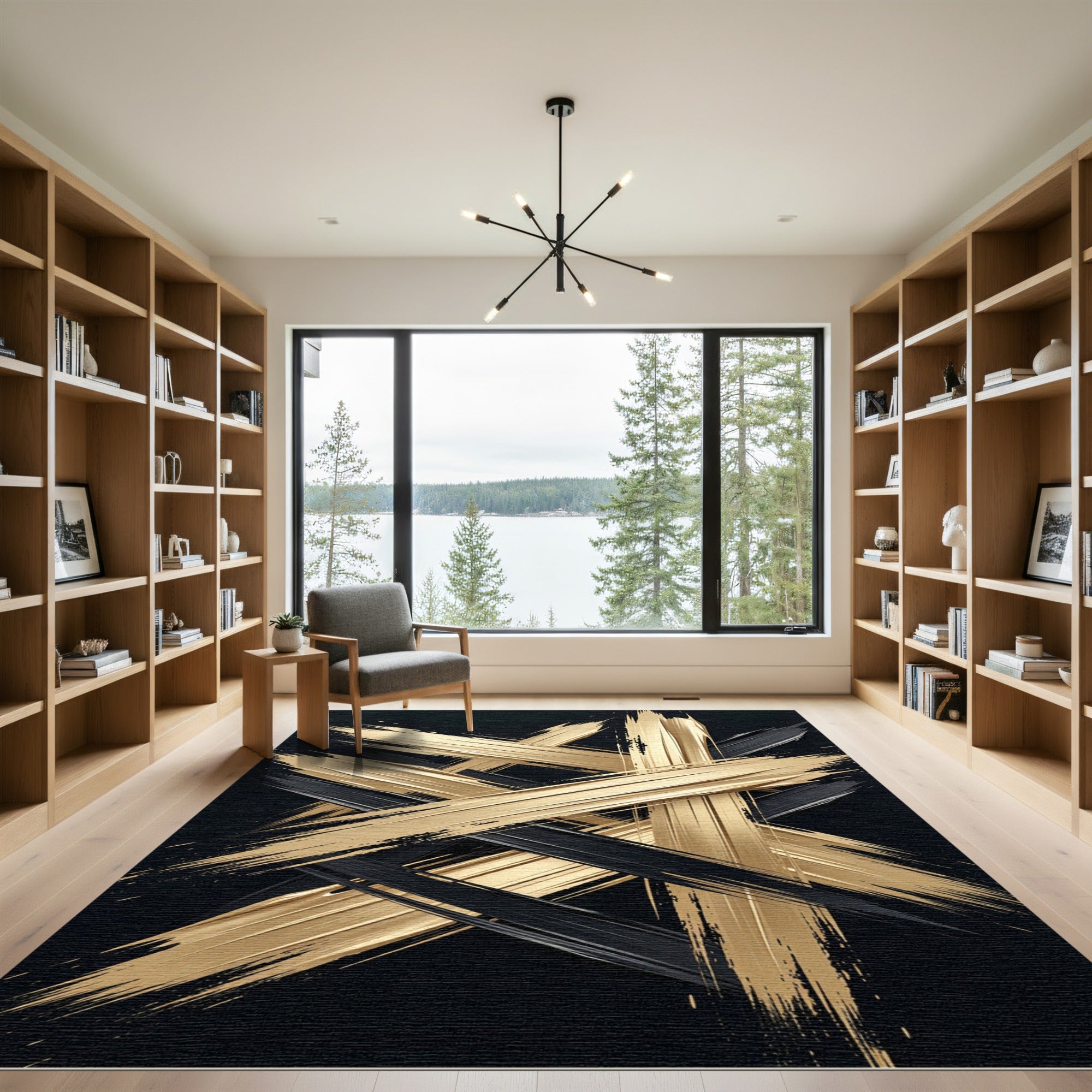 Modern Gold and Black Abstract Stroke Rug