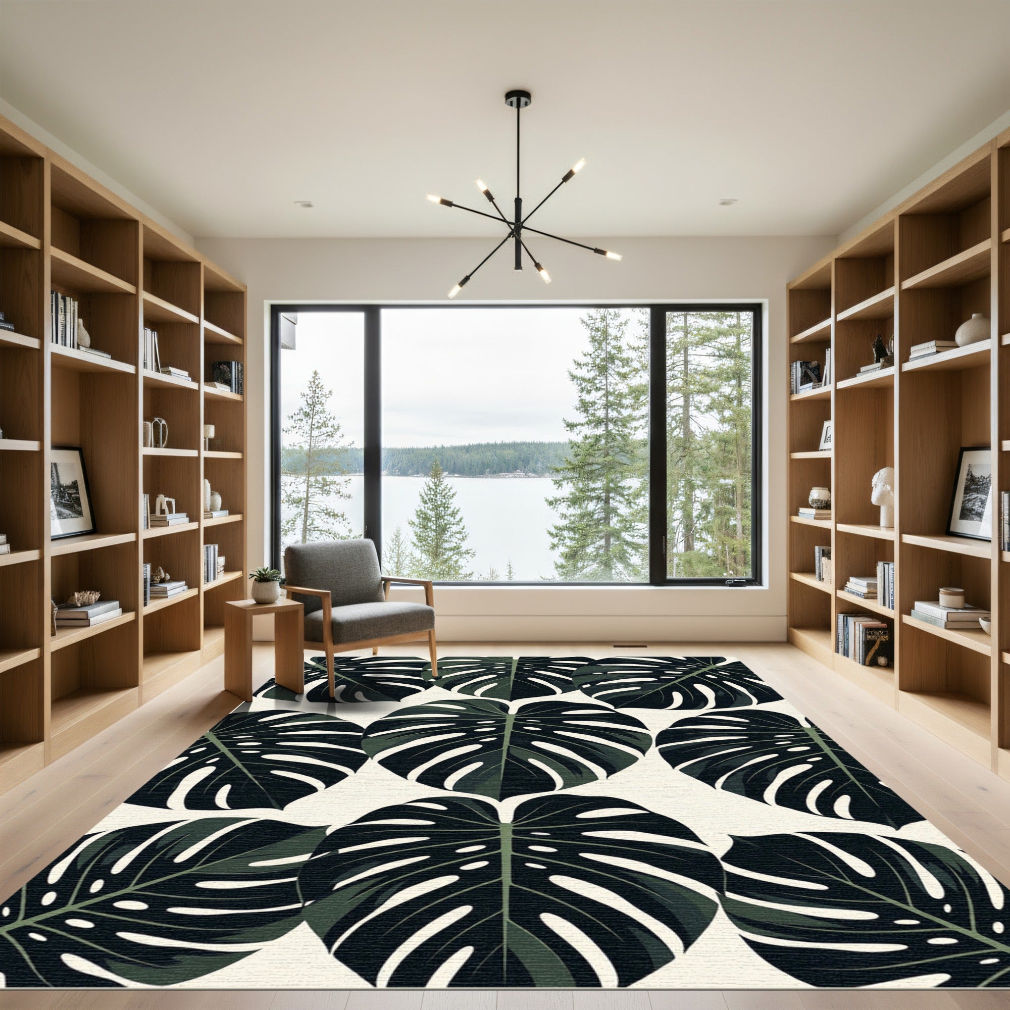 Dark Green Tropical Monstera Leaves Rug