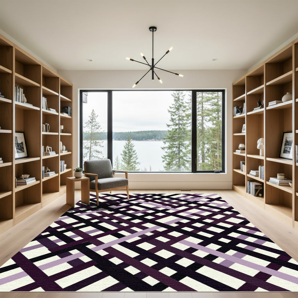 Modern Purple Black Overlapping Geometric Grid Rug