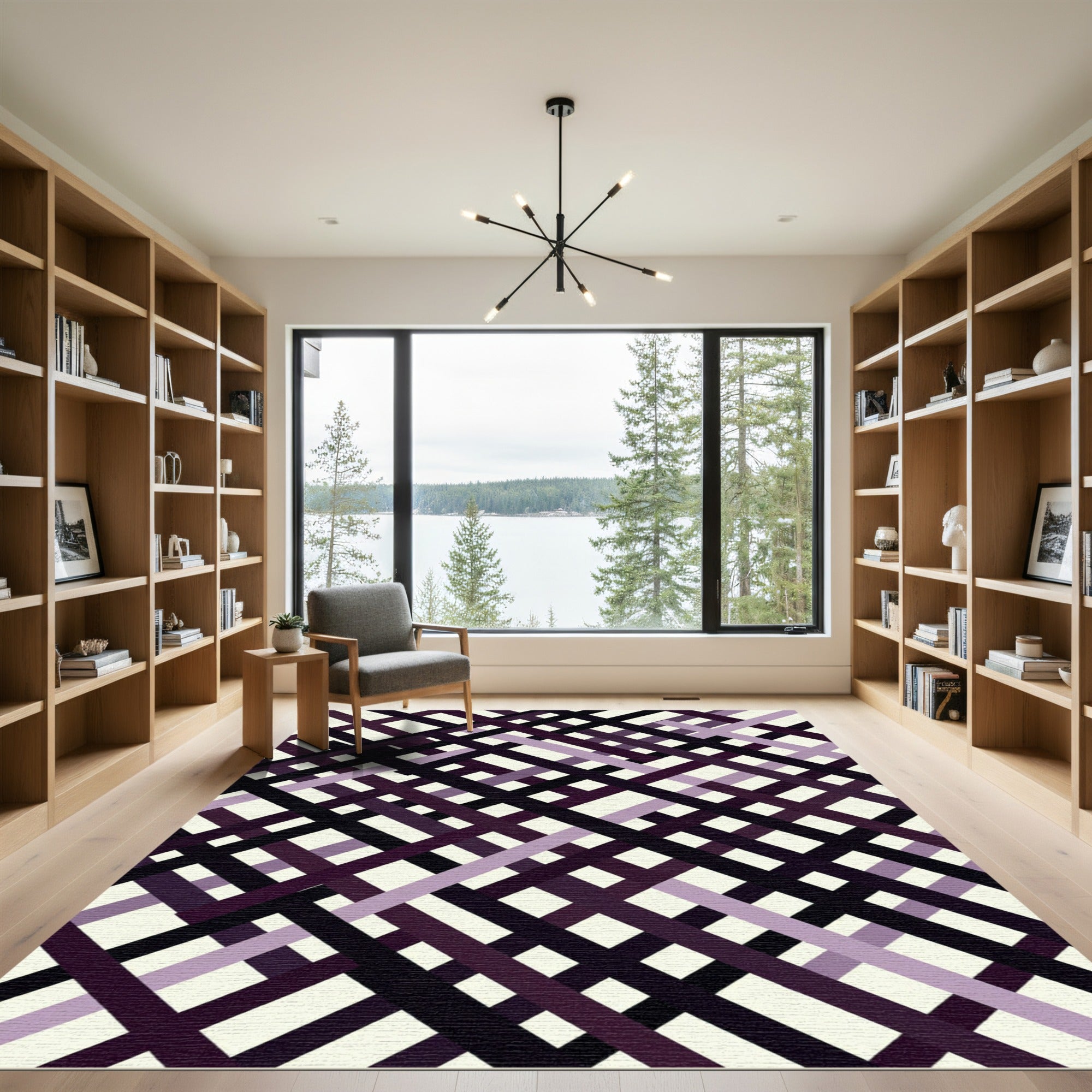 Modern Purple Black Overlapping Geometric Grid Rug
