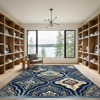 Elegant Navy Gold Damask Scroll Art Rug