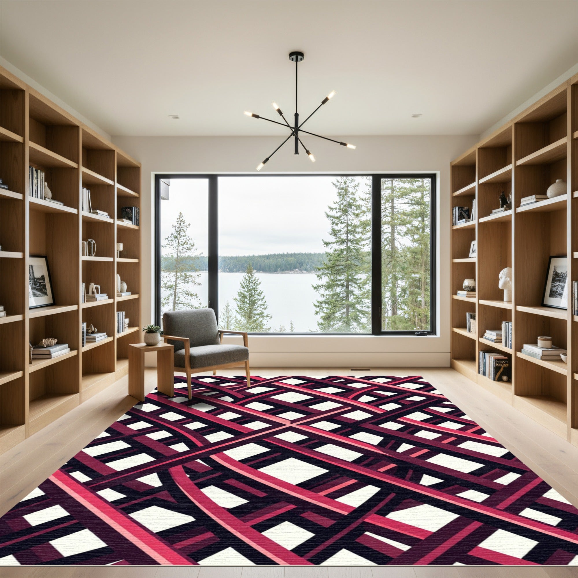 Modern Magenta Intersecting Linear Grid Rug