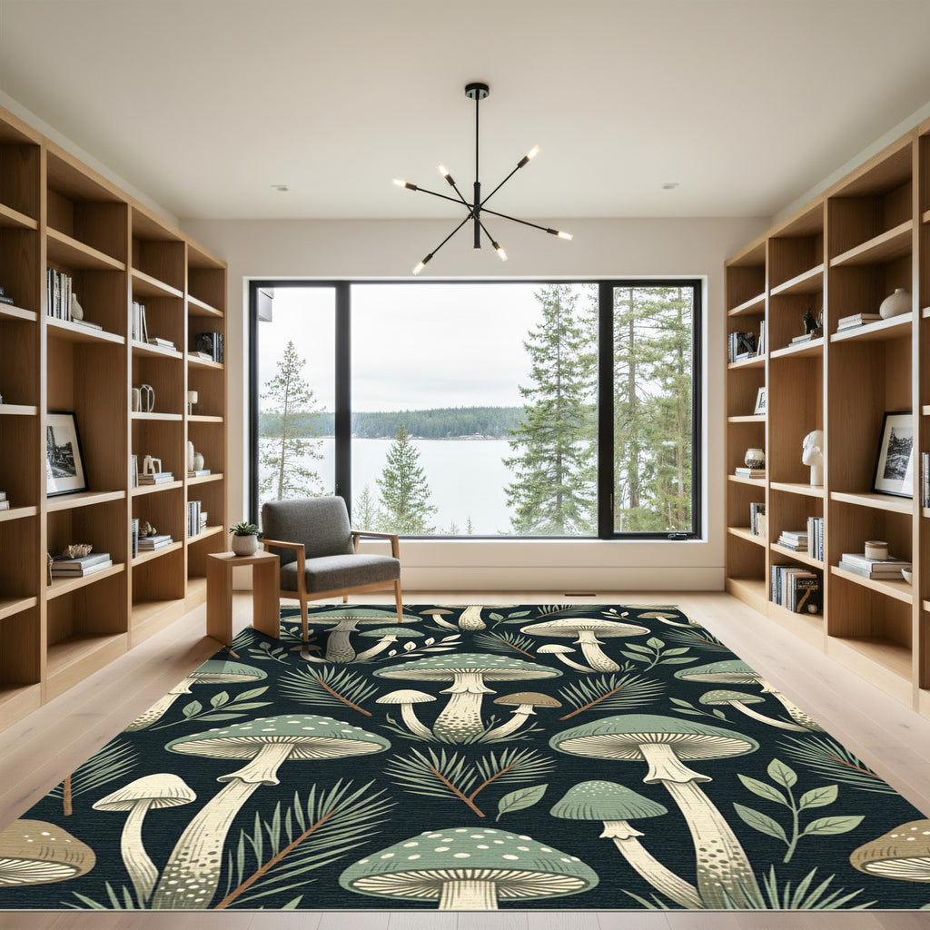 Sage Forest Mushroom Botanical Dark Background Rug