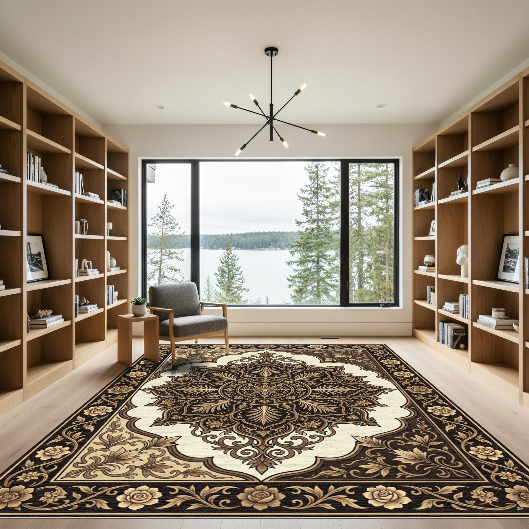 Elegant Sepia Floral Damask Medallion Rug