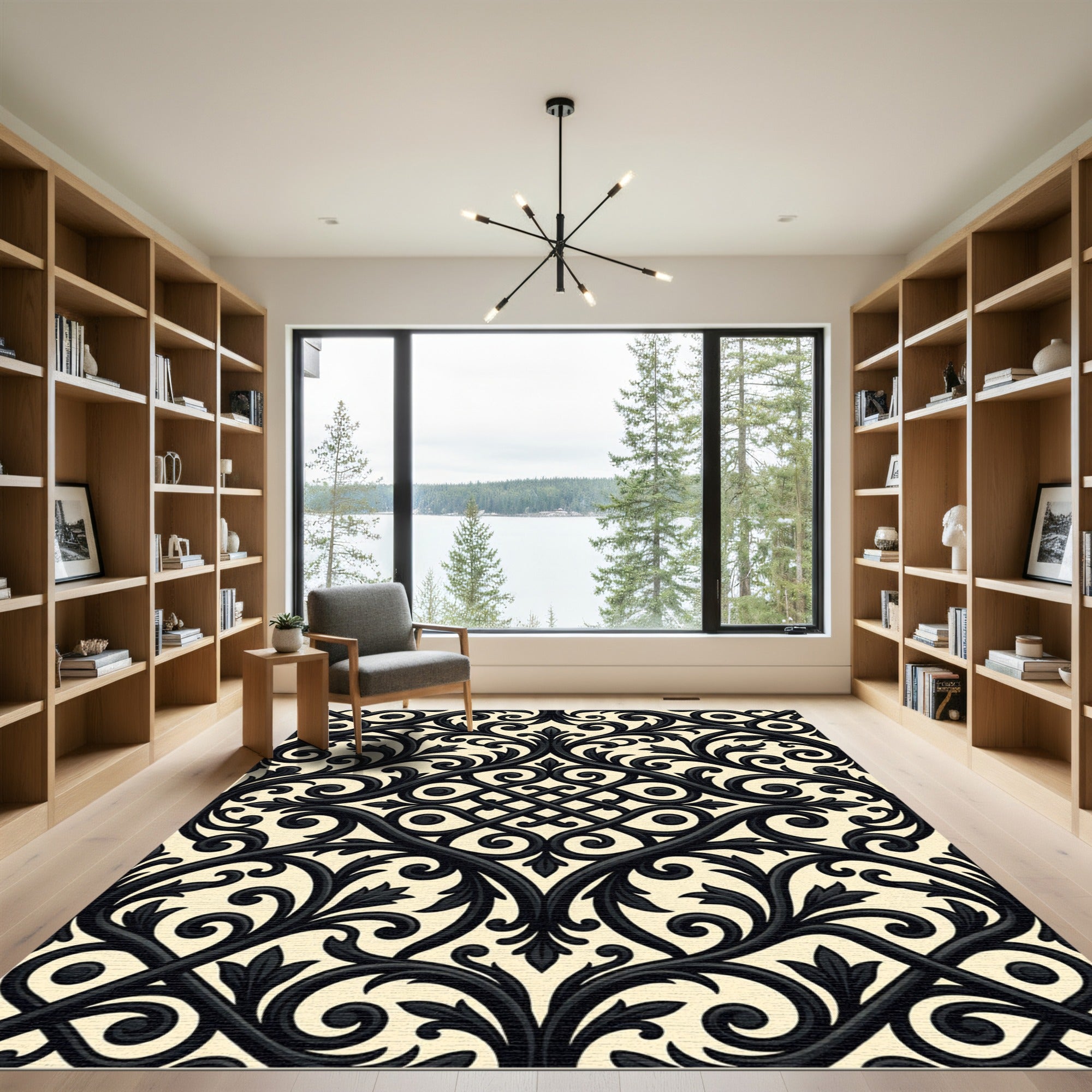 Elegant Black Damask Scroll Medallion Rug
