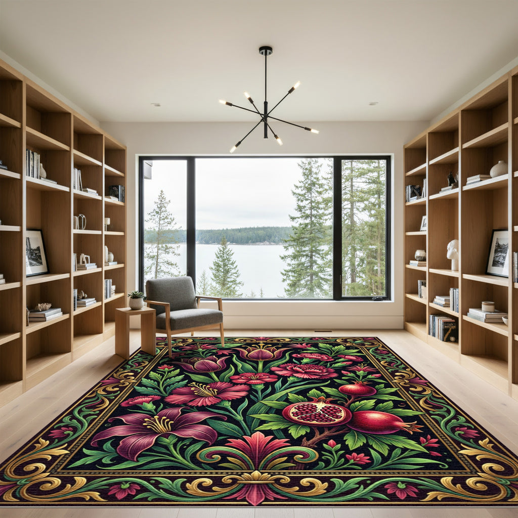 Dark Floral Pomegranate Botanical Composed Illustration Rug