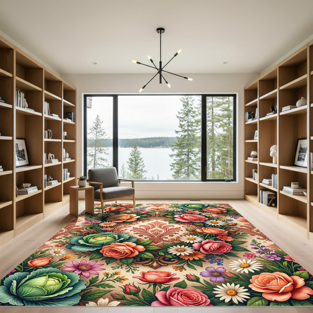 Elegant Victorian Rose and Cabbage Bouquet Rug