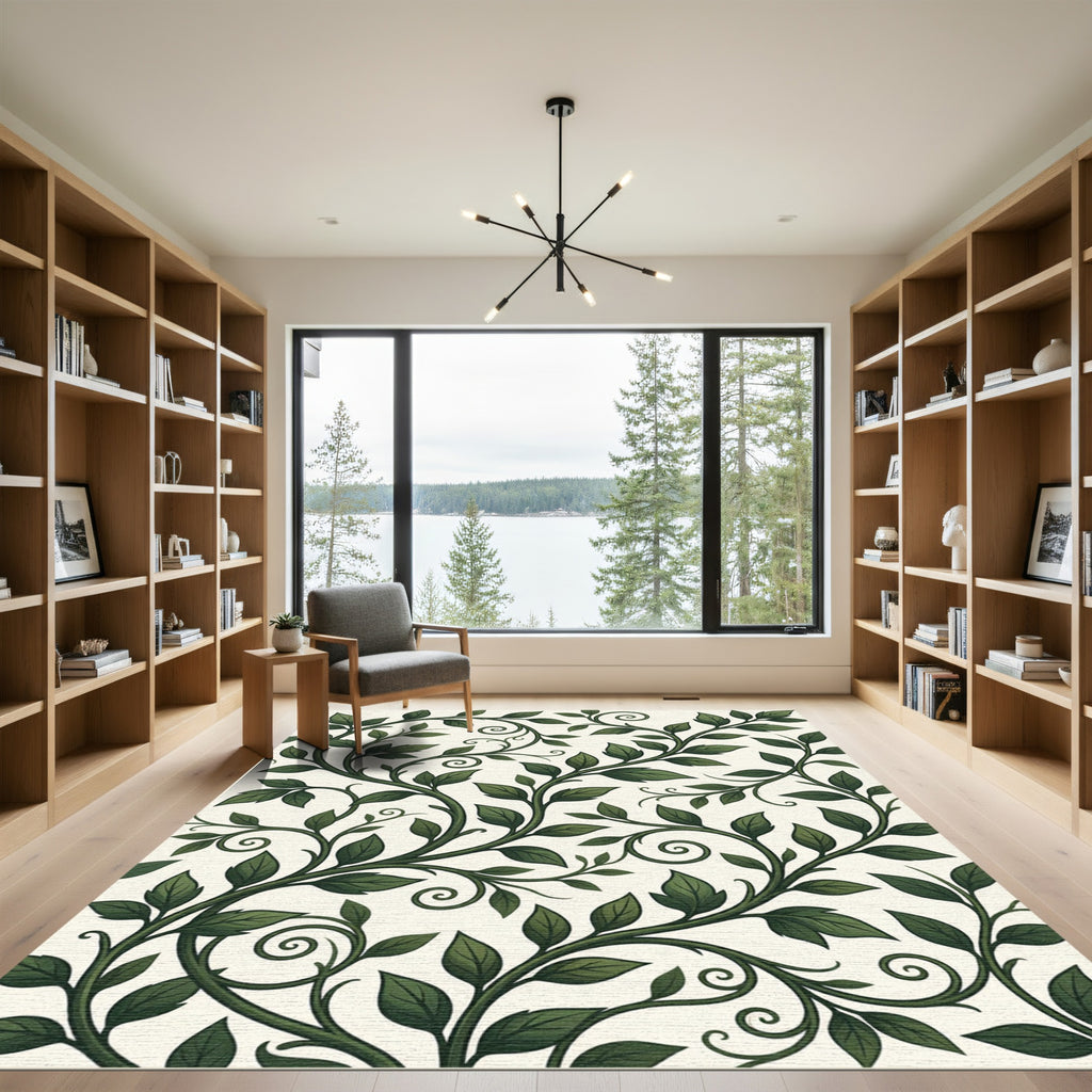 Lush Green Botanical Scrolling Vine Rug