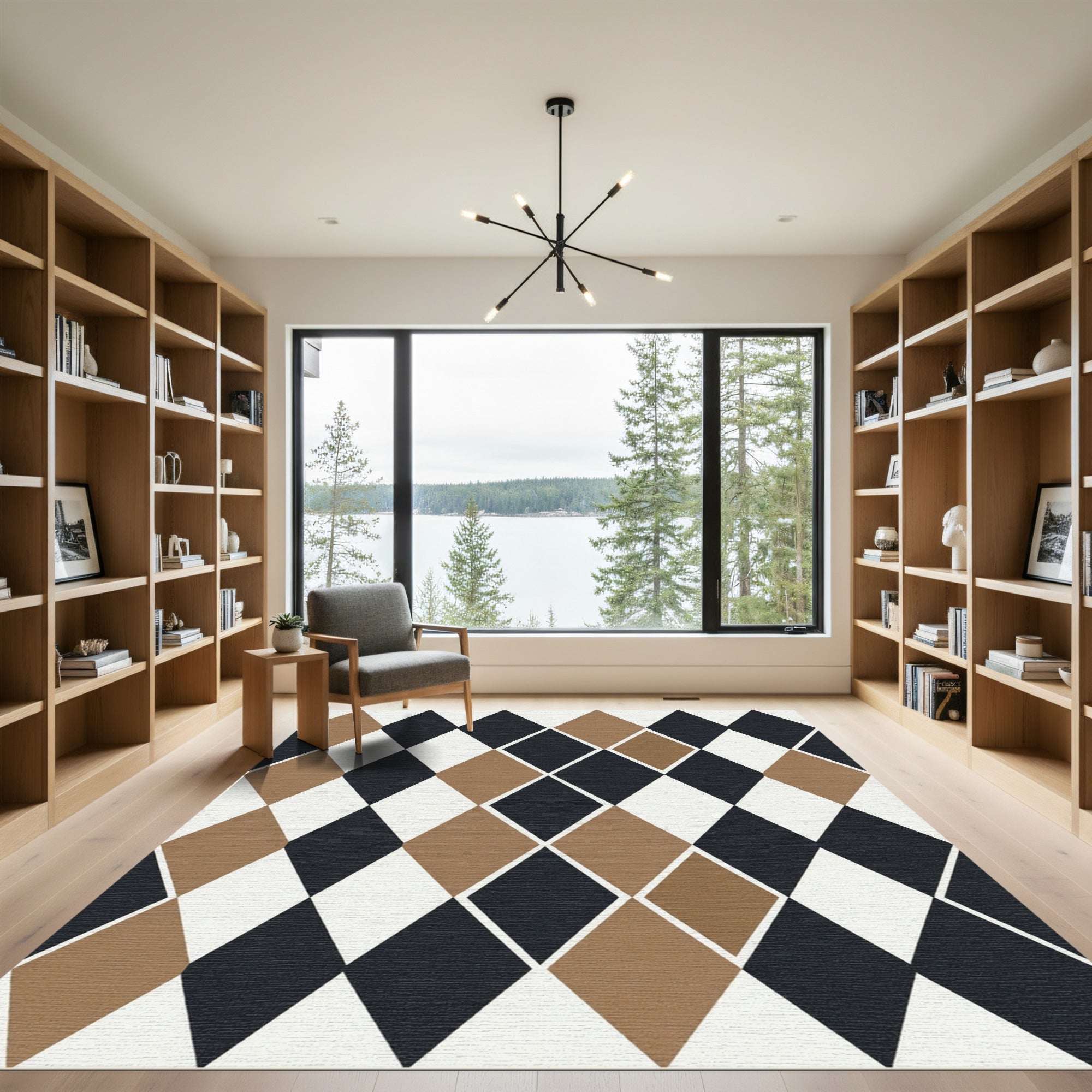 Modern Black Taupe Geometric Diamond Rug