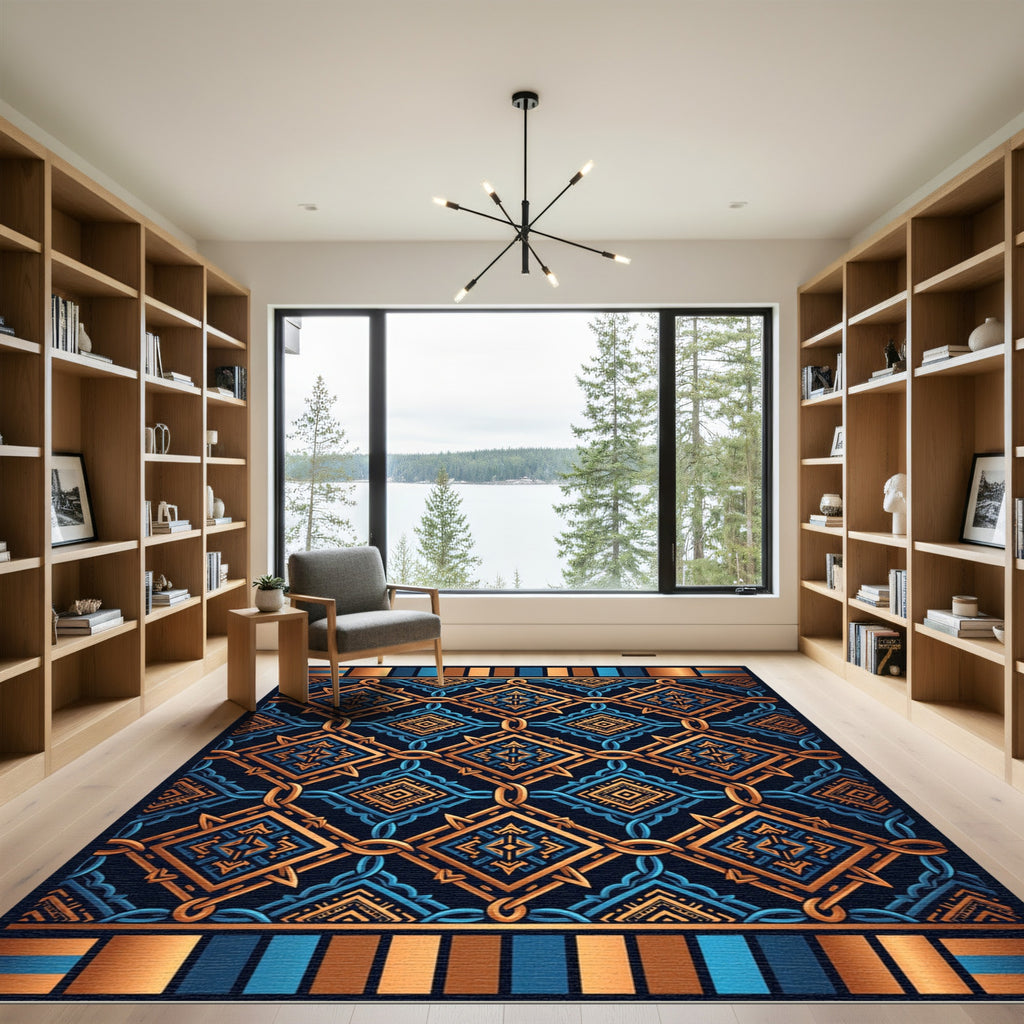 Geometric Gold and Navy Interlocking Tile Rug