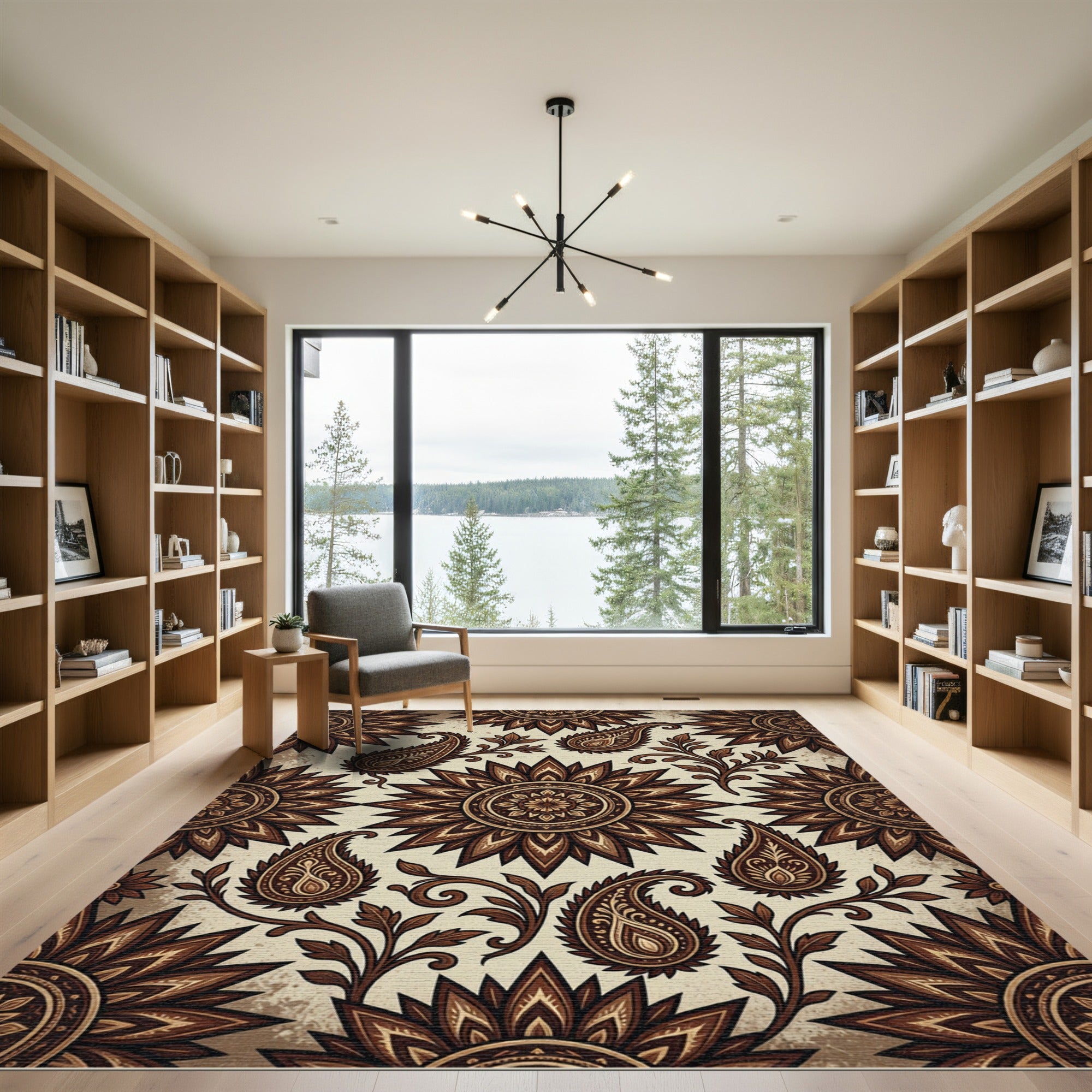 Sepia Floral Mandala and Paisley Art Rug