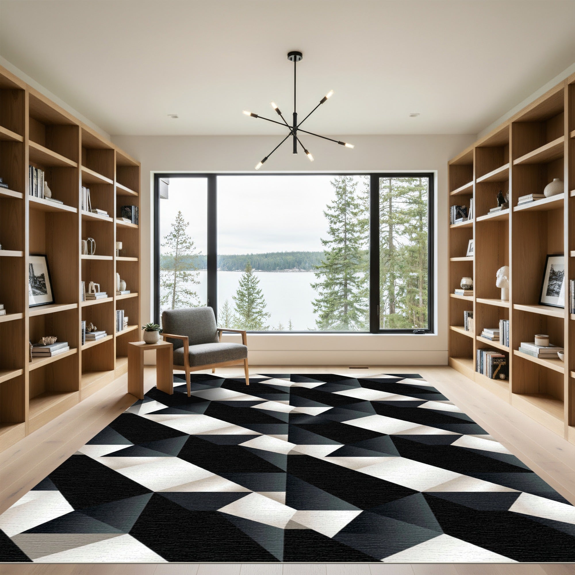 Geometric Black White Cubist Illusion Rug