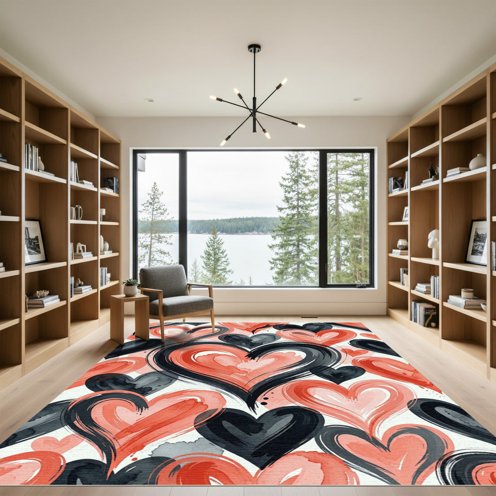 Bold Coral Black Heart Brushstroke Rug