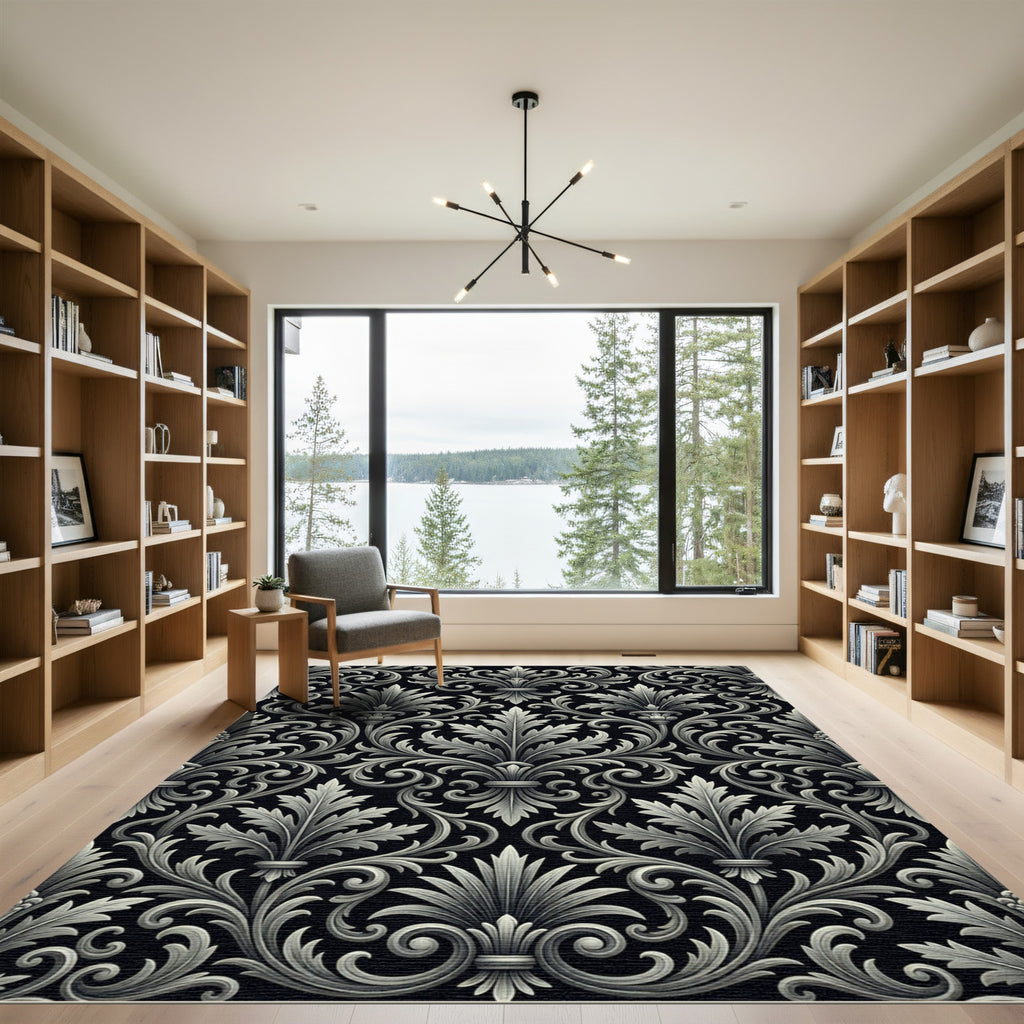 Elegant Silver Acanthus Damask Scroll Rug