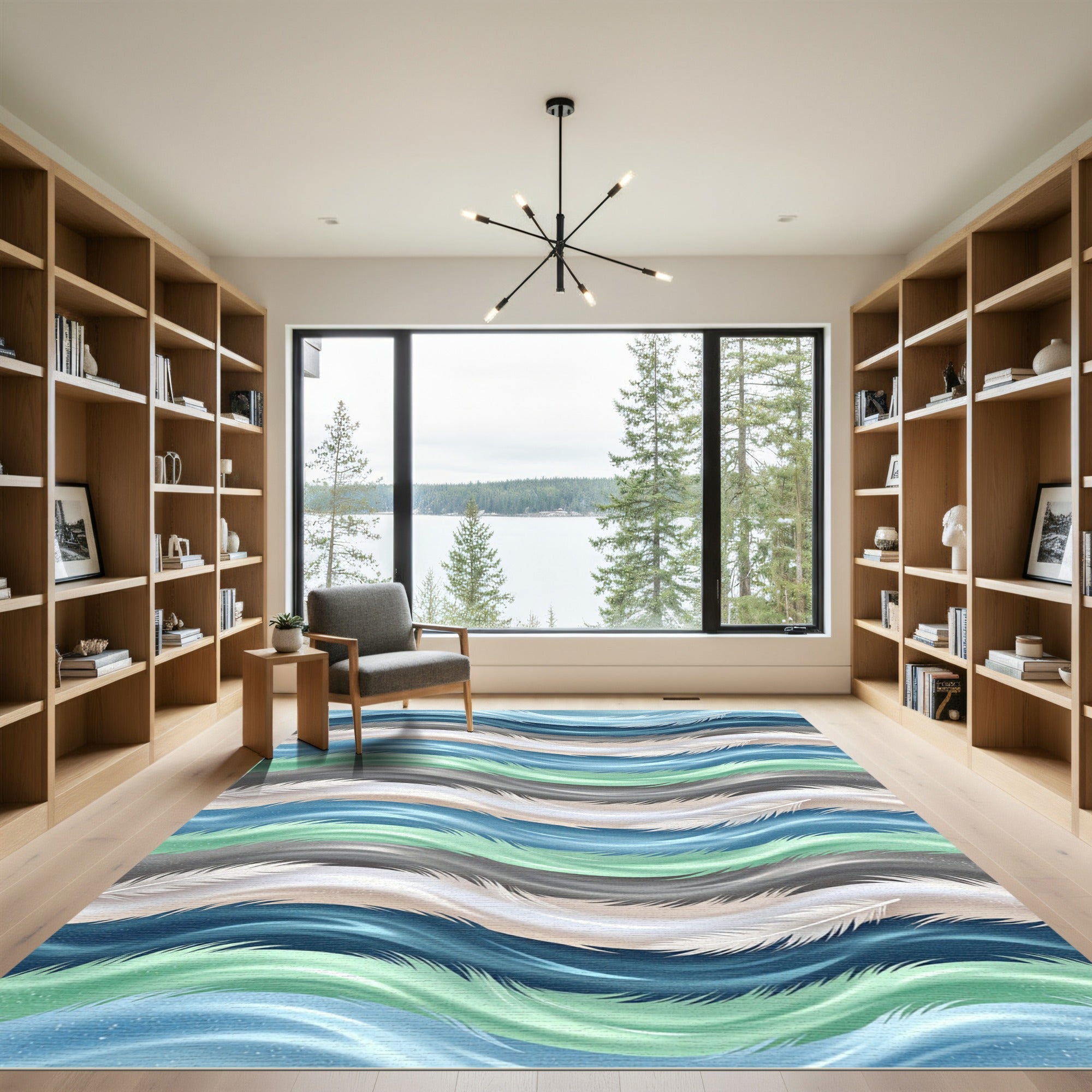 Fluid Feather Waves in Teal and Gray Rug