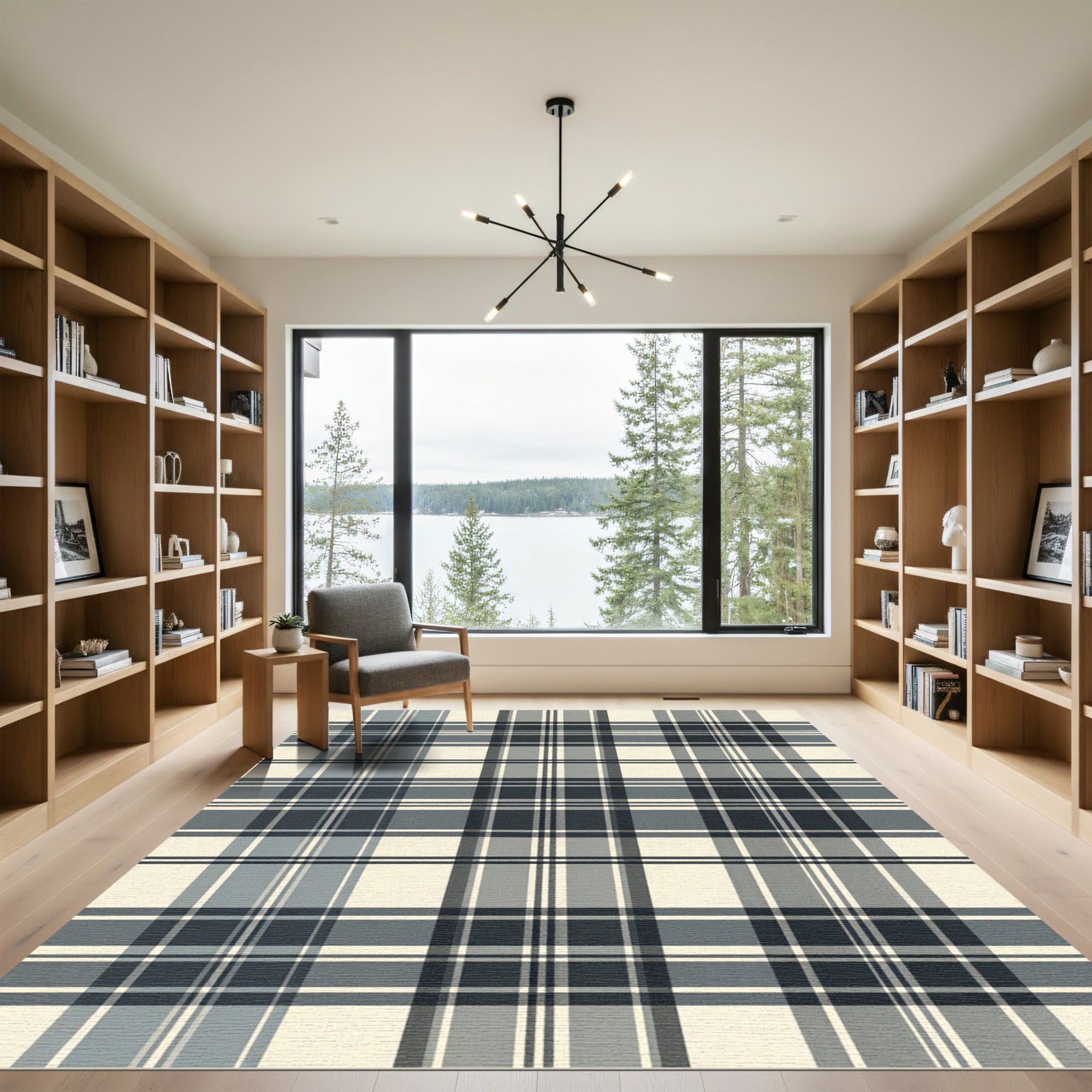Classic Cream Navy Blue Plaid Square Rug