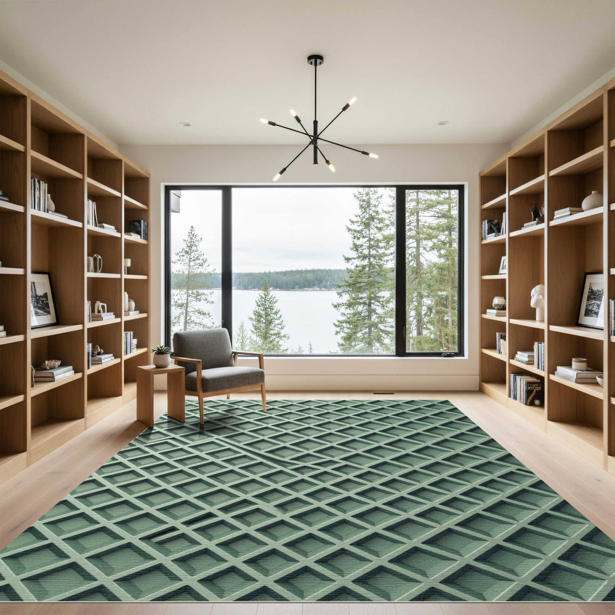 Sage Green Geometric Lattice Grid Rug