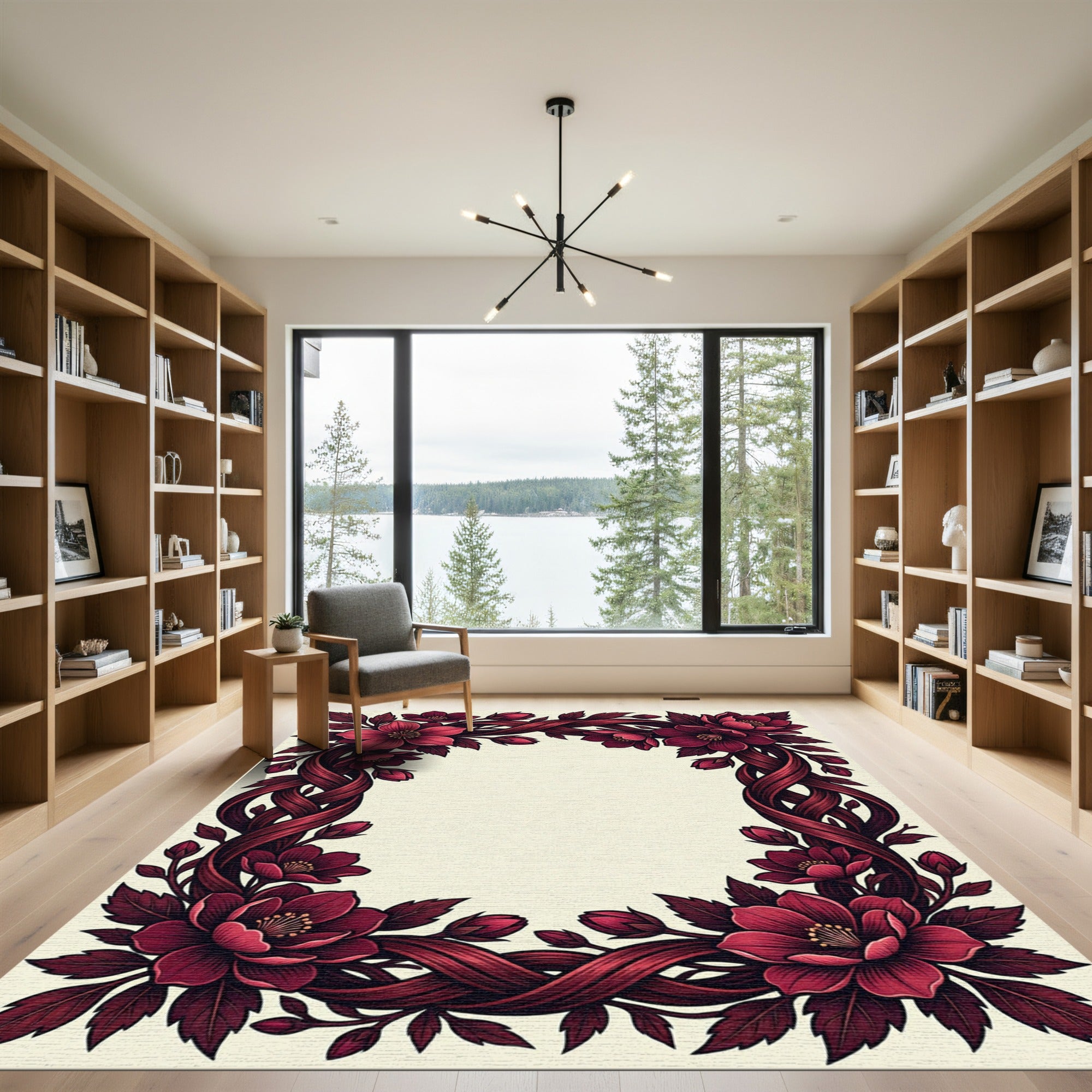 Dark Crimson Intertwined Floral Botanical Frame Rug