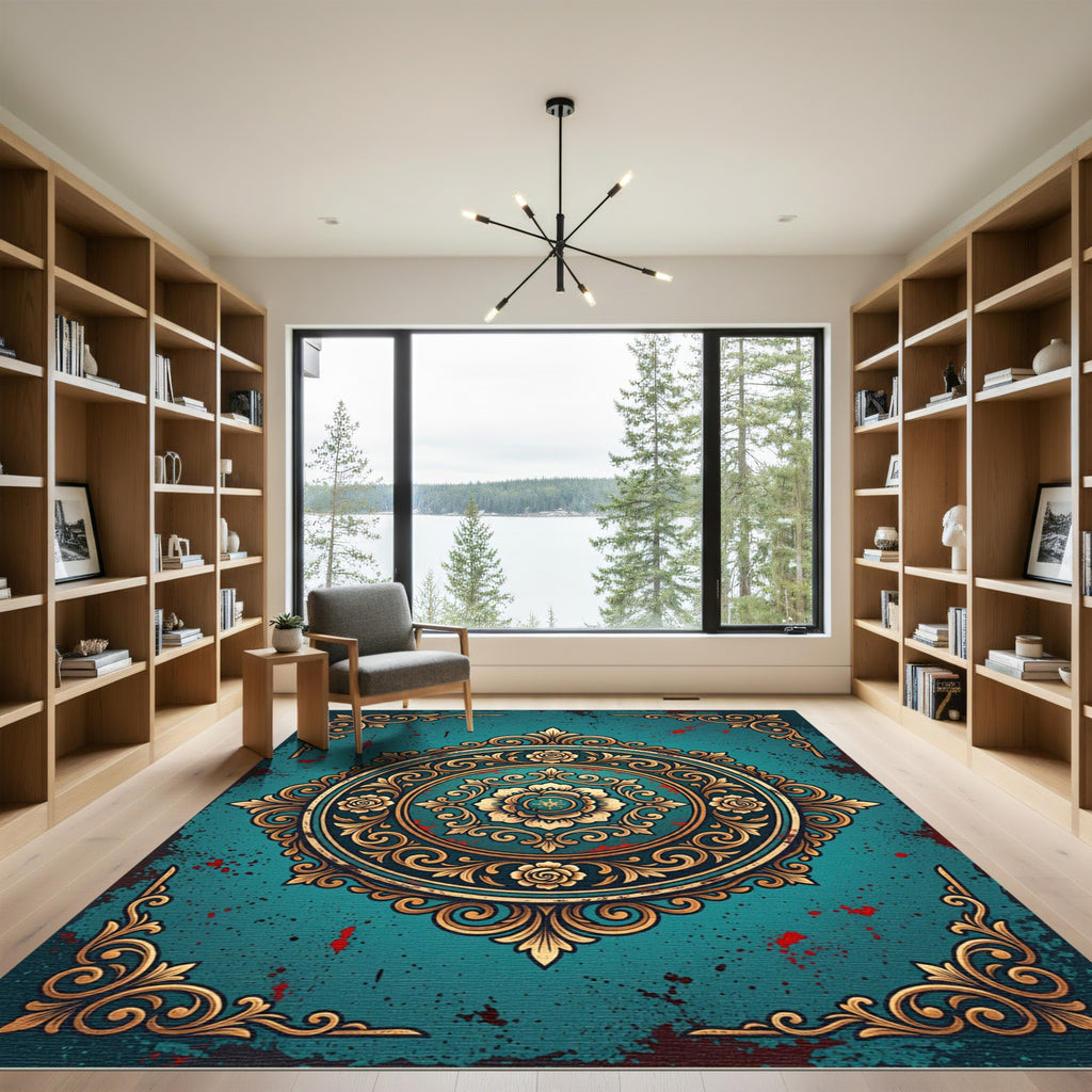 Gilded Teal Floral Mandala Ornament Rug
