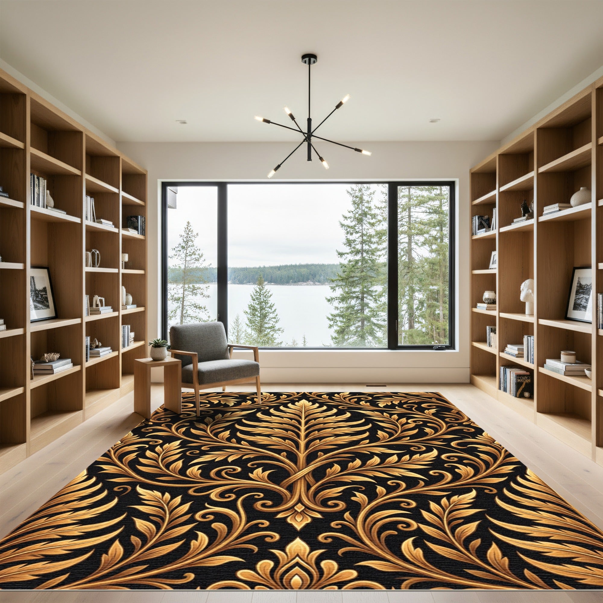 Golden Black Scrollwork Floral Rug