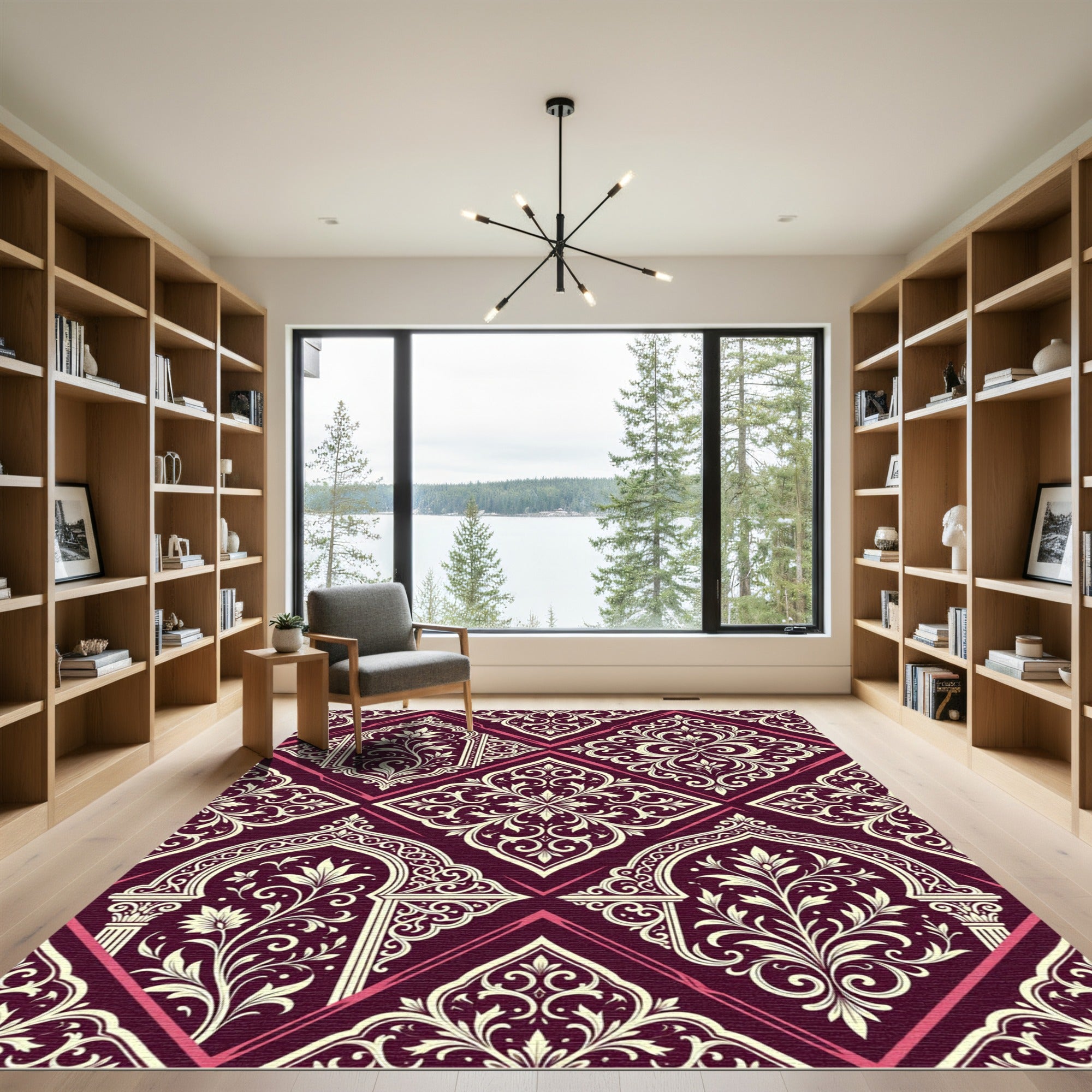 Damask Burgundy Cream Ornate Geometric Lattice Rug