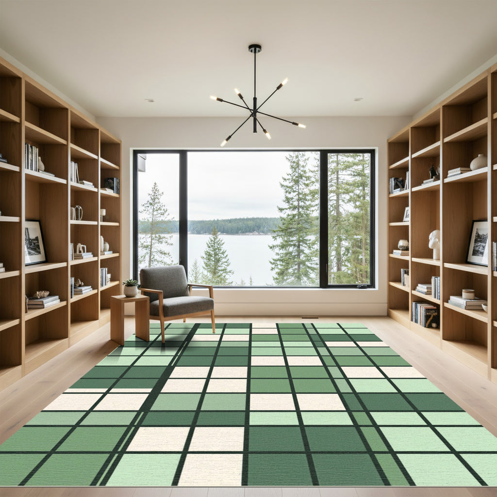 Sage Green Geometric Grid Block Rug