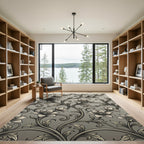 Elegant Greyscale Floral Swirl Scroll Rug
