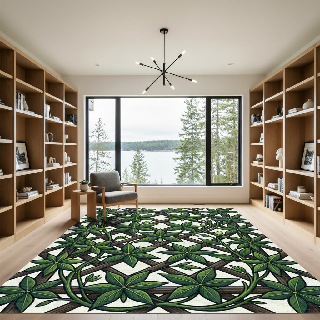Lush Green Tropical Foliage Trellis Rug