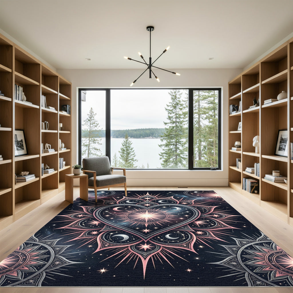 Celestial Rose Gold Heart Starry Mandala Rug