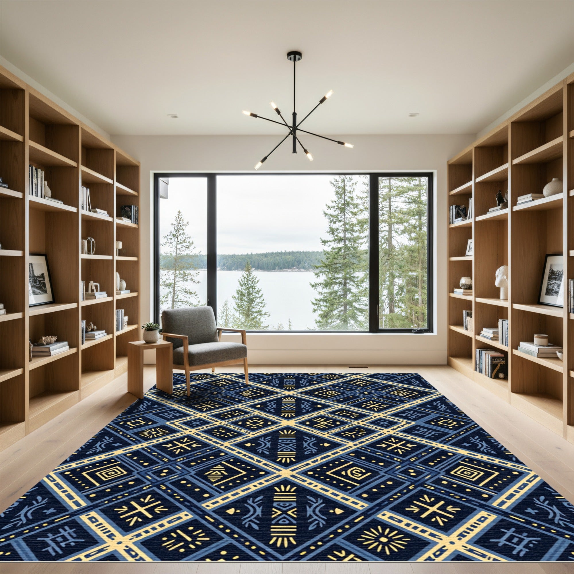 Navy Blue Yellow Geometric Diamond Rug