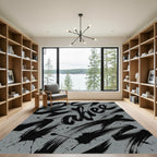 Contemporary Charcoal Black Abstract Calligraphy Rug