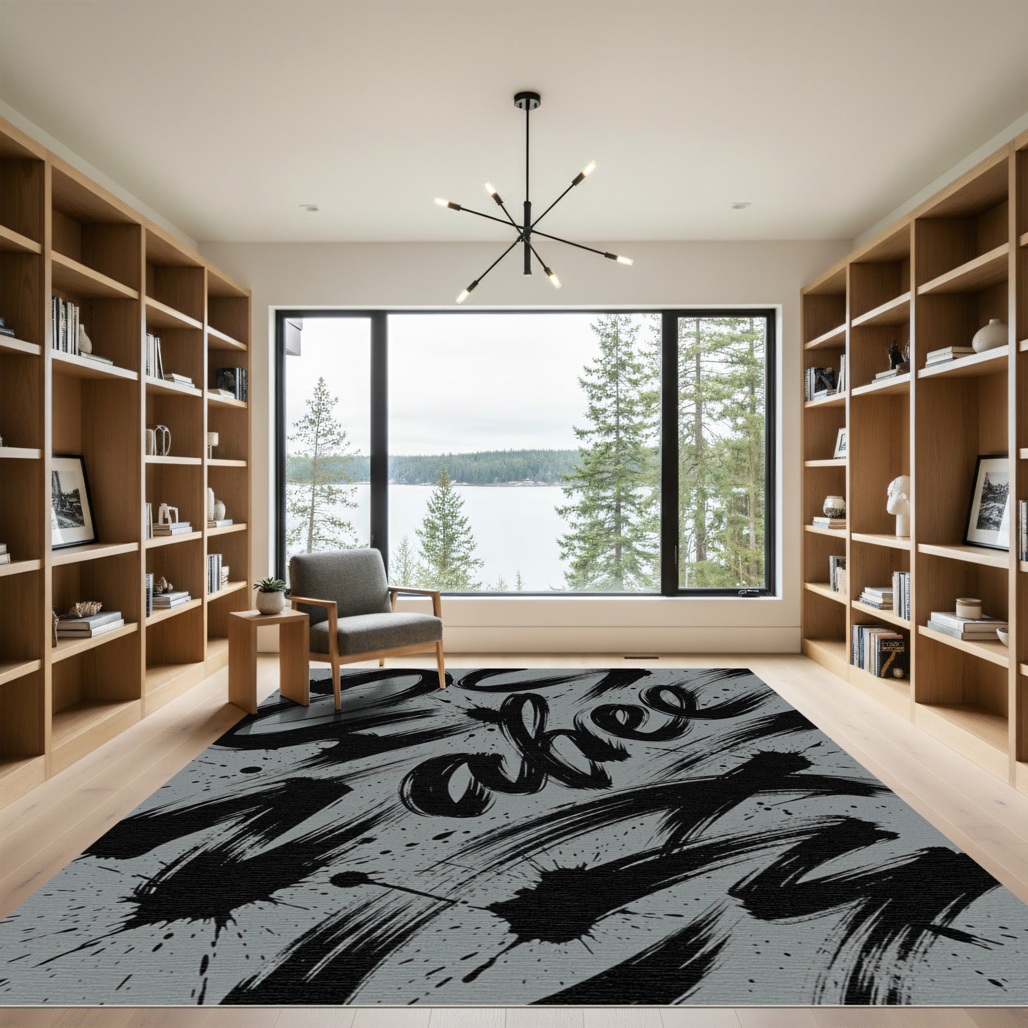 Contemporary Charcoal Black Abstract Calligraphy Rug